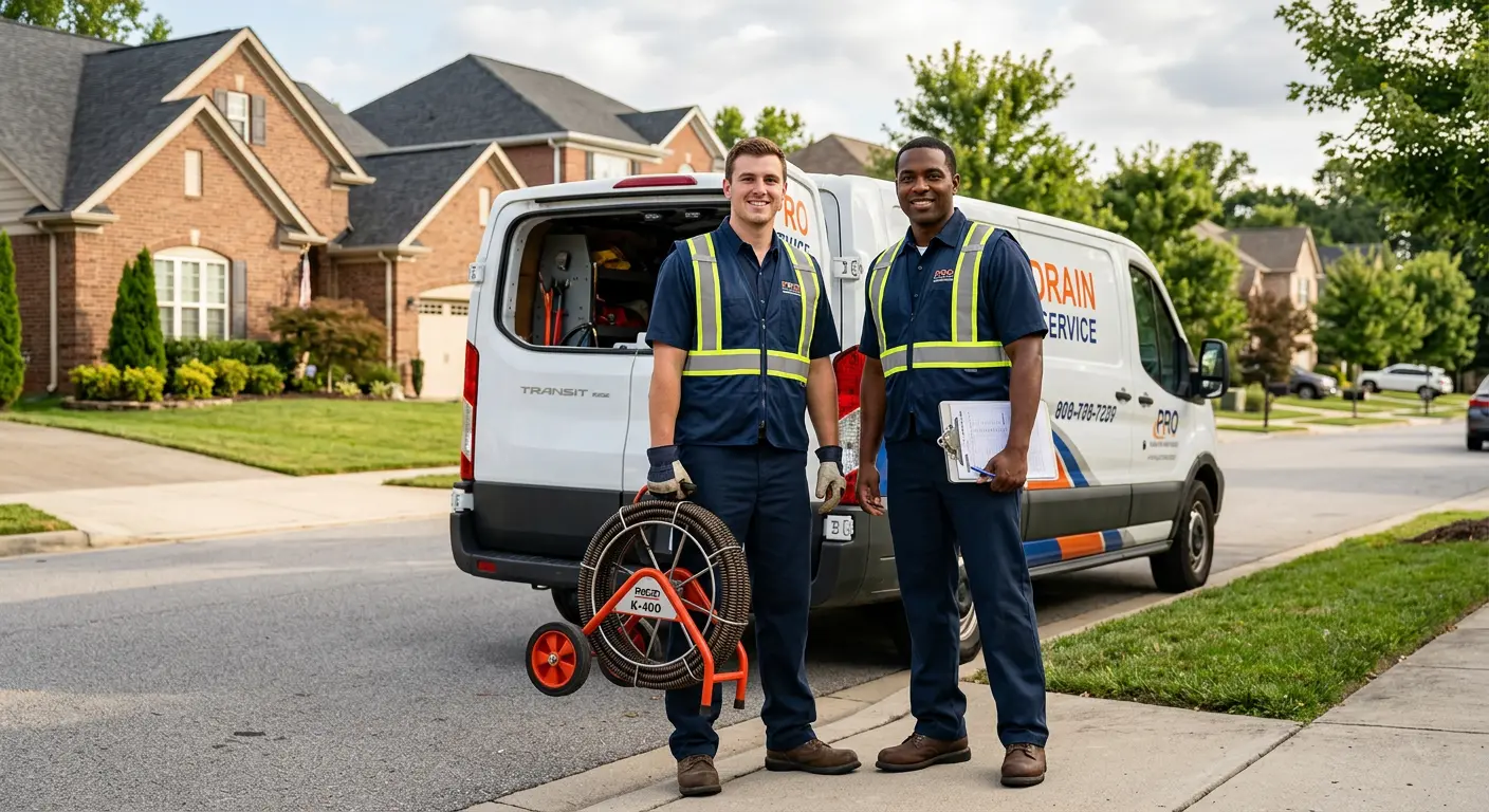 Sewer and drain service team with equipment ready for work in Mount Holly