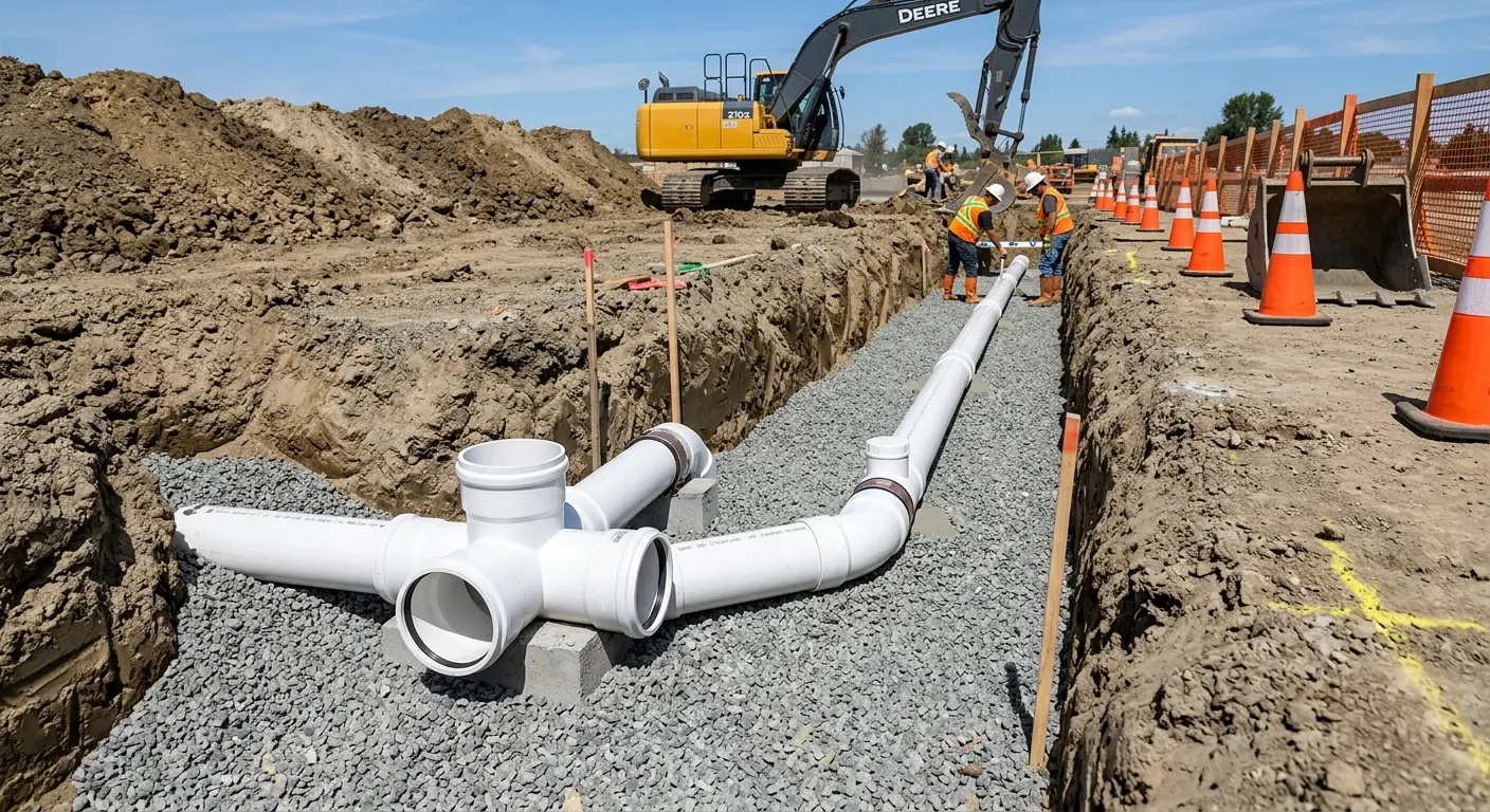 New PVC sewer pipe installation in open trench for Grease Trap Cleaning in Mount Holly