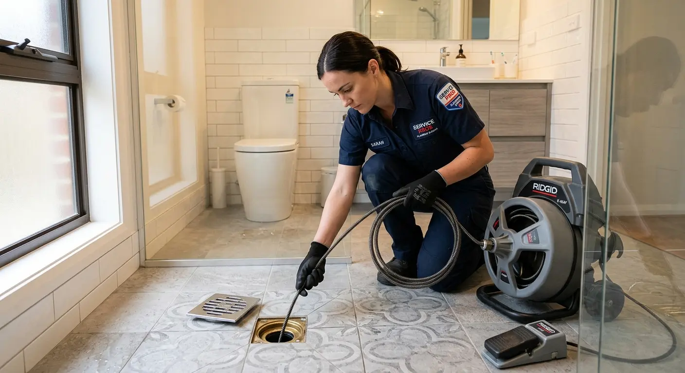 Technician clearing a bathroom floor drain for Hydro Jetting in Mount Holly
